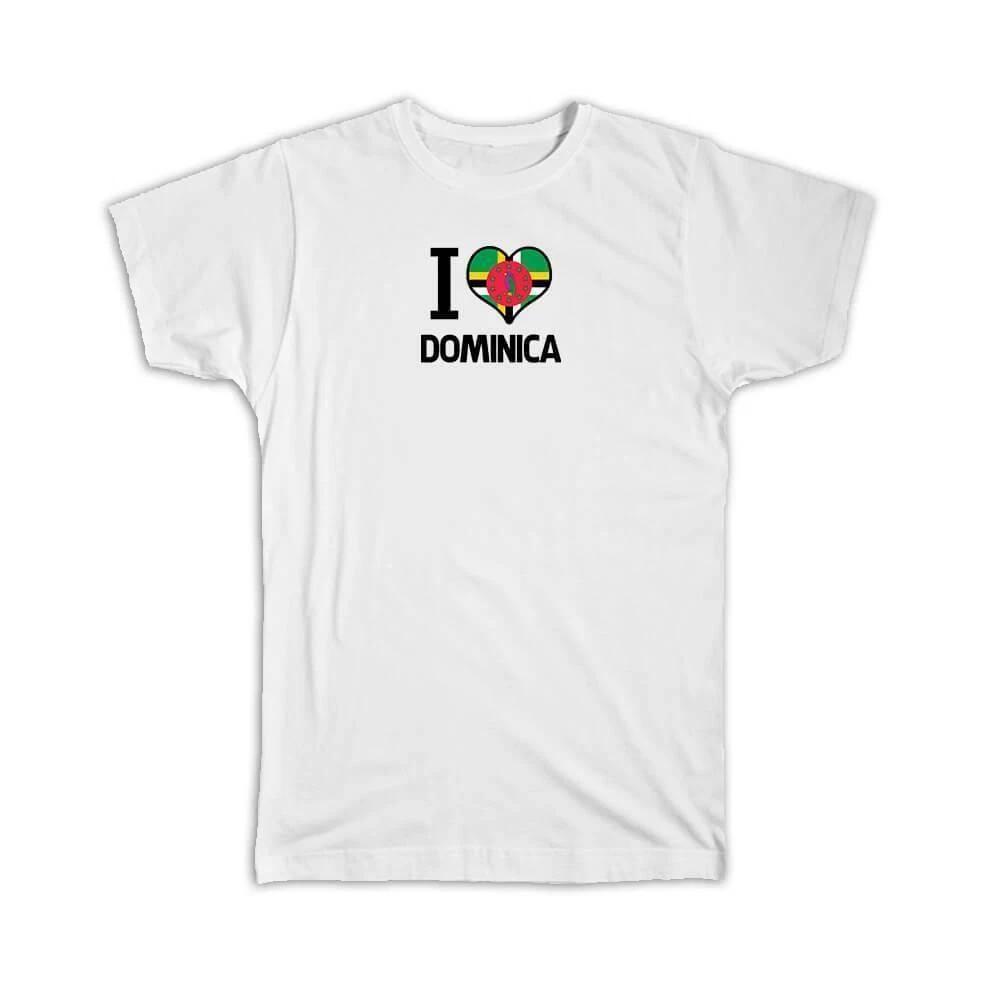Gift T-Shirt : I Love Dominica Flag Heart Country Crest Expat