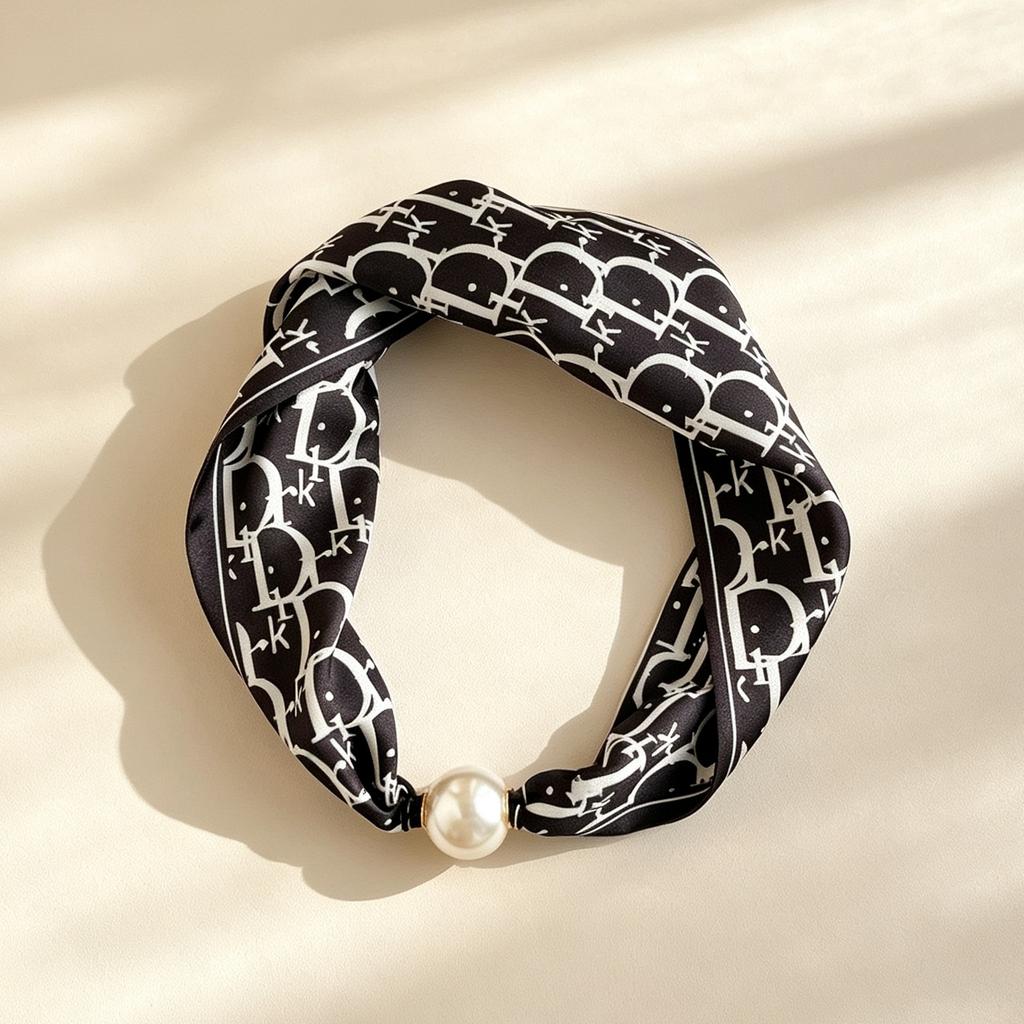 New retro pearl magnetic buckle small silk scarf women's high-end satin printed scarf summer versatile small scarf