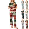 Women's Christmas Print Pajama Set Women's Short Sleeve Long Pants Two-piece Set Button-up Home Clothes