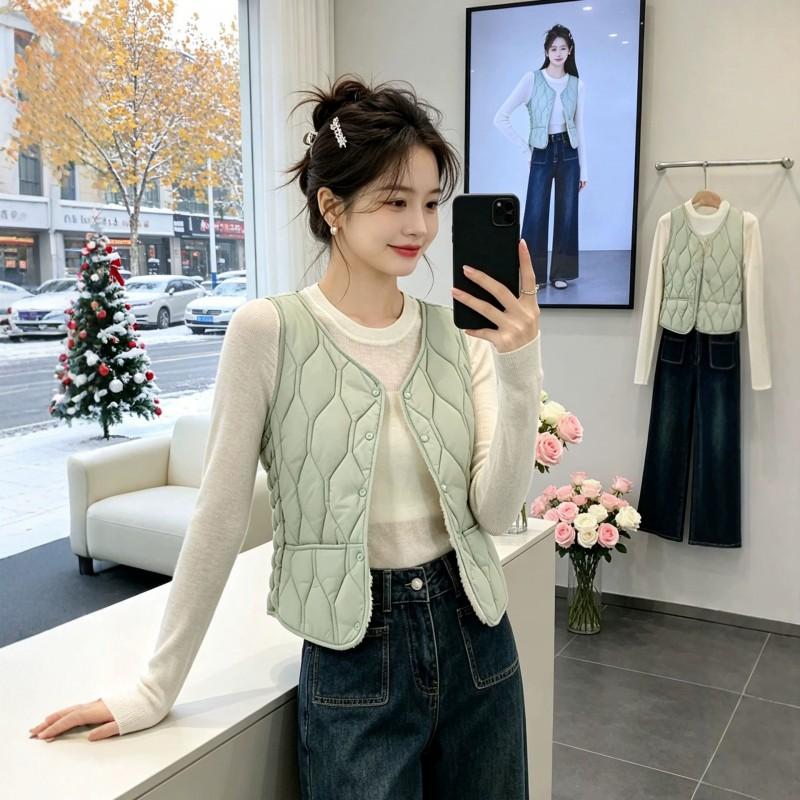 Womens Warm Puffer Vest Short V-Neck Sleeveless Quilted Waistcoat With Pocket Slim Fit Winter