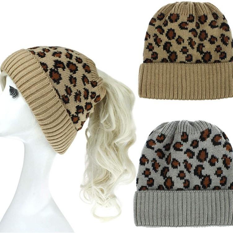 Leopard print knitted wool hat, fashionable personalized ponytail hat, crimped pullover hat, outdoor braided hat