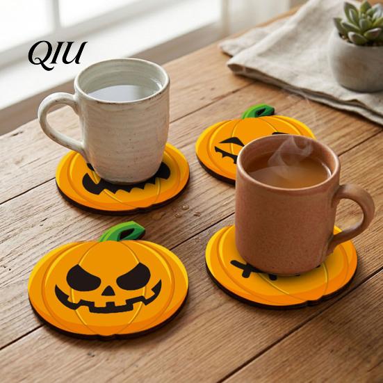 Heat Insulation Coaster Wooden Pumpkin Coaster, Non-Slip Halloween Table Mat, Party Accessory Waterproof for Holiday Home Decor