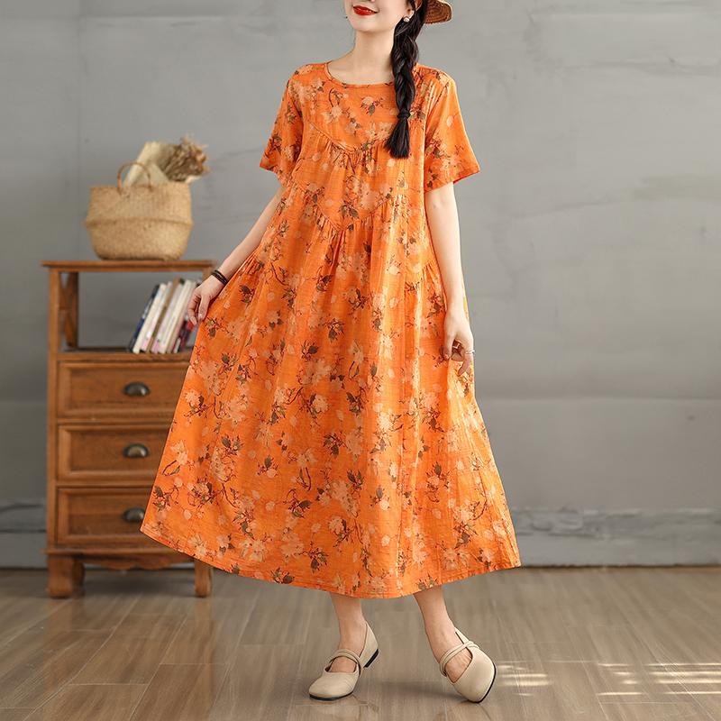 Dimanaf 2025 Женское платье больших размеров Весна-лето Повседневное платье с цветочным принтом Базовое винтажное свободное длинное платье макси 9297
