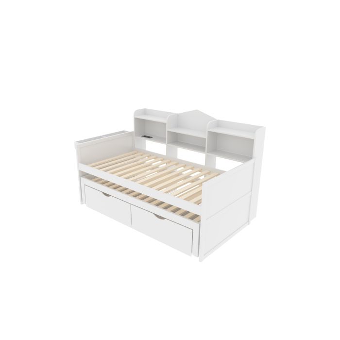 Canapé-lit - MUVOE - 90x200 cm - Blanc - Lit gigogne 90x190 cm - Rangement intégré