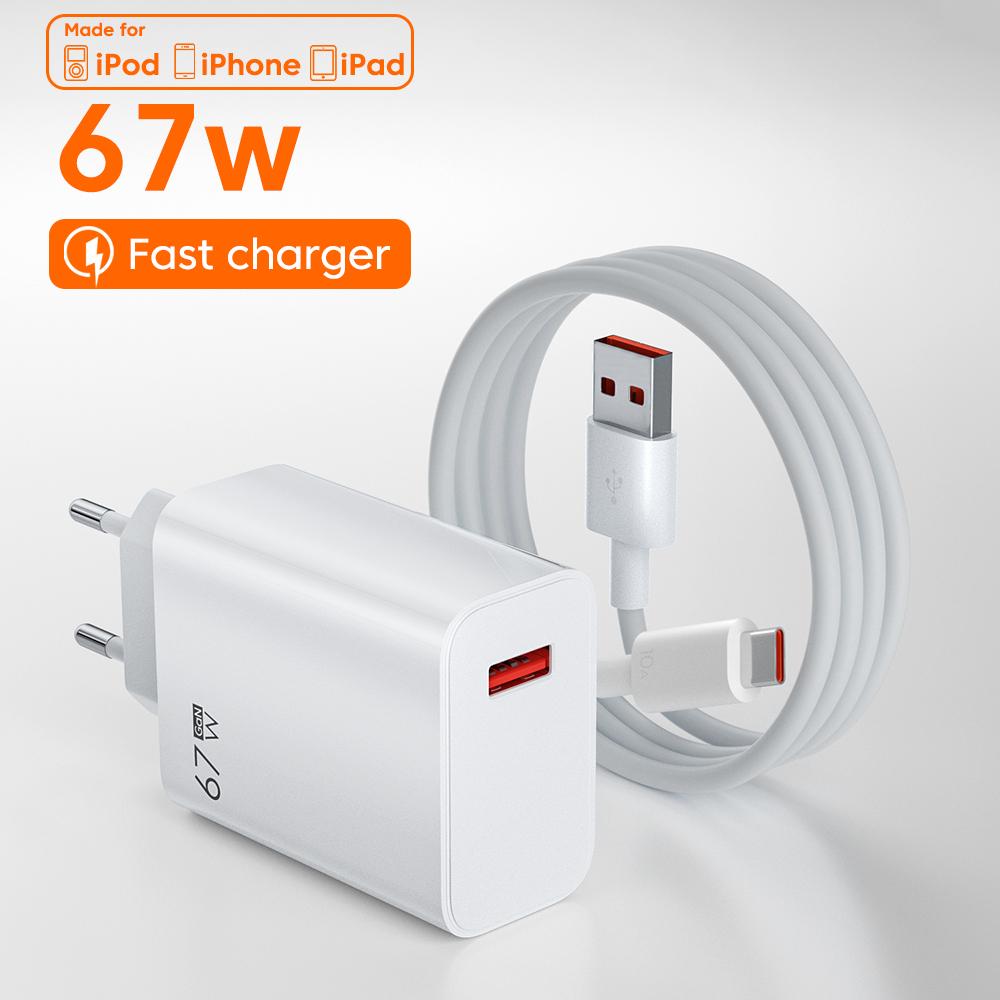 67 Вт USB быстрое зарядное устройство Quick Charge 3.0 для Xiaomi 14 13T 12 Ultra Redmi Note 13 12 11 Pro POCO Turbo Charge 6A USB Type C кабель