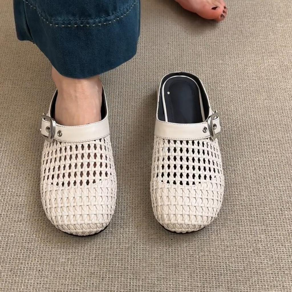 Sheepskin Version~ Women's One-pedal Belt Buckle Half Slippers Versatile Thick Heel Round Head Woven Bag Head Shoes