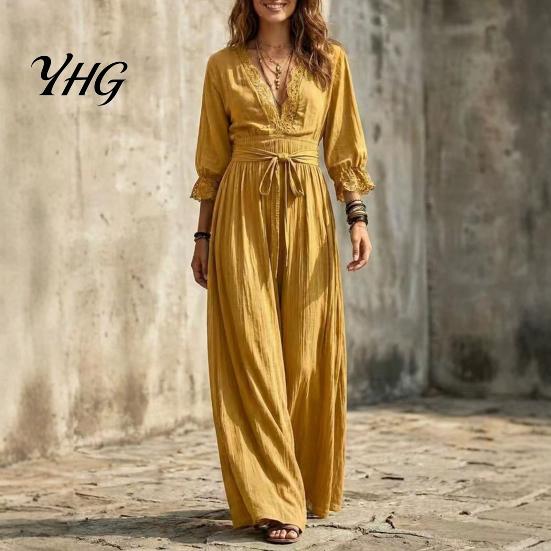 V Neck Lace Dress Women V-Neck for Fall, 3/4 Sleeves Maxi with Three Quarter Sleeve Belt, Solid Color Loose Casual Long Vacation Daily Wear Versatile