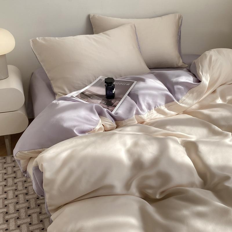 Летний однотонный комплект из четырех предметов из ледяного шелка, прохладный на ощупь, простыня, пододеяльник, комплект постельного белья из трех предметов для общежития, удобное постельное белье