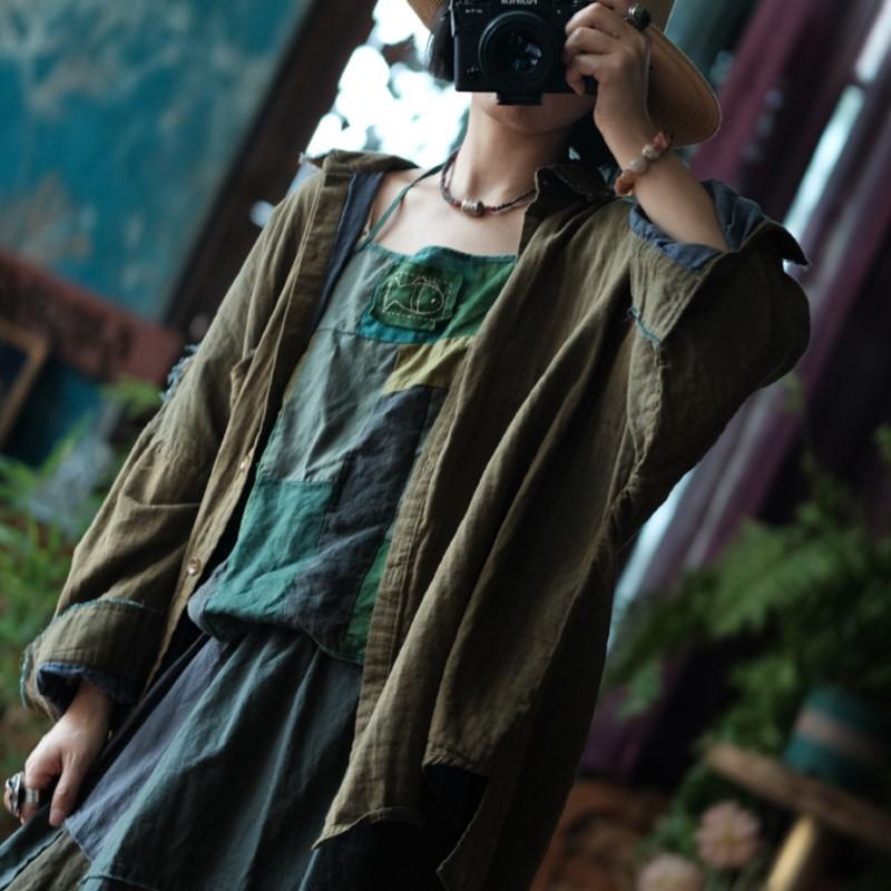 Johnature Women Vintage Bat Sleeve Shirts Tops Button Autumn Blouses Turn-down Collar Chinese Style Shirts