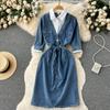 Summer Temperament Lapel Splicing Denim Vintage Dresses