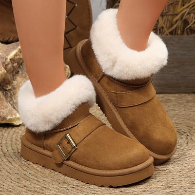 Модные Удобные Пушистые Меховые Снежные Ботинки Женские Модные Ботильоны на Платформе с Пряжкой Зимние Женские Ботинки из Искусственной Замши с Короткой Плюшевой Подкладкой Теплые Хлопковые Ботинки