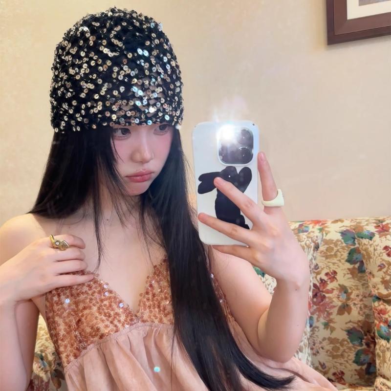 Vintage Sequined Hollow Pullover Hats Women Summer Autumn Travel Photo Atmosphere Versatile Casual Y2K Knit Beanie Hat
