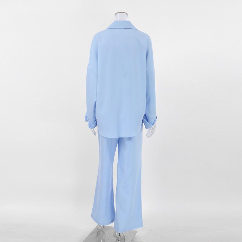 Womens Loose Long Sleeve Shirt Wide Leg Pants Set Solid Color Casual Office Outfit