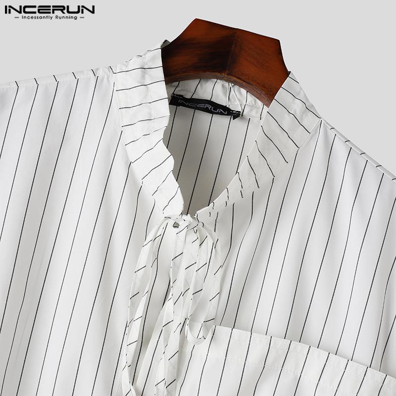 INCERUN Осенние мужские рубашки в полоску с длинным рукавом и воротником-стойкой, топы с повязками Bagge