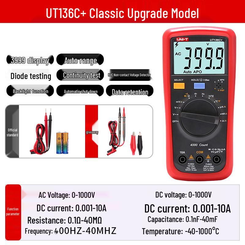 UNI-T UT33B+ High Precision Smart Digital Multimeter - Mini Anti-Burn Voltage Meter for Electricians