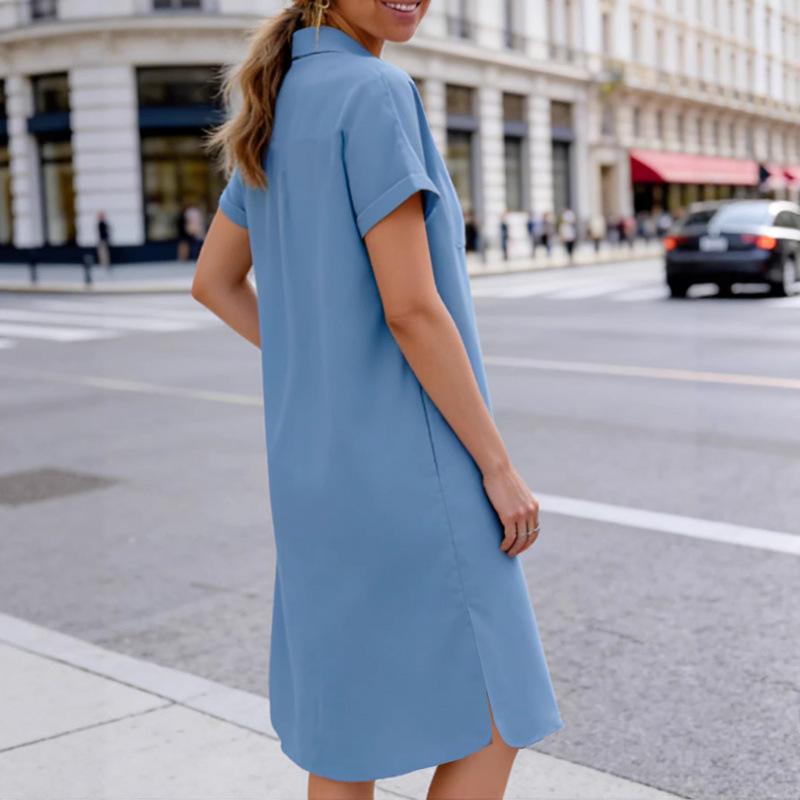 Spring new temperament commuter short-sleeved lapel shirt dress European and American comfortable and casual medium and long styles