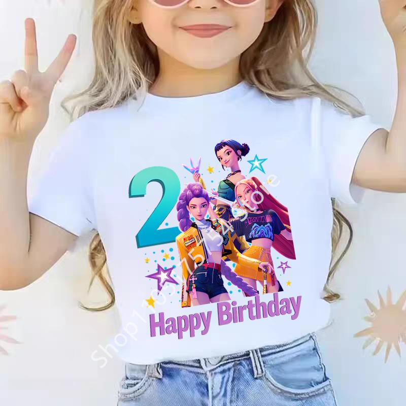 New Children's K-POP Demon Hunter Cartoon Birthday Number Print T-Shirt Girls' Short Sleeve Top