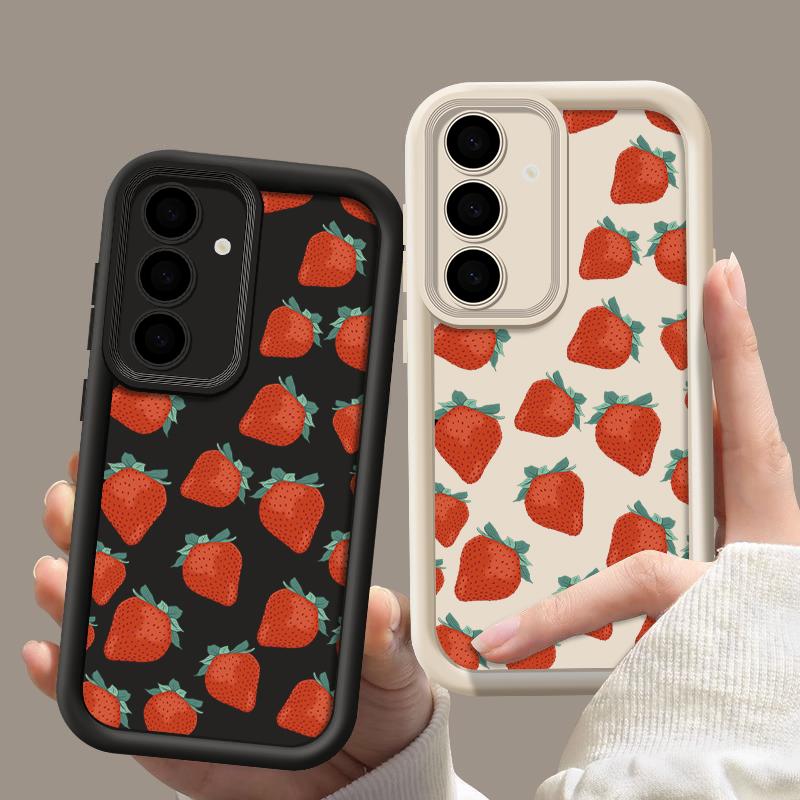 Чехол с изображением клубники для Samsung S25 S24 Fe S23 Ultra A55 A53 A35 A15 A06 A16, ударопрочный мягкий силиконовый защитный чехол для объектива цвета конфет
