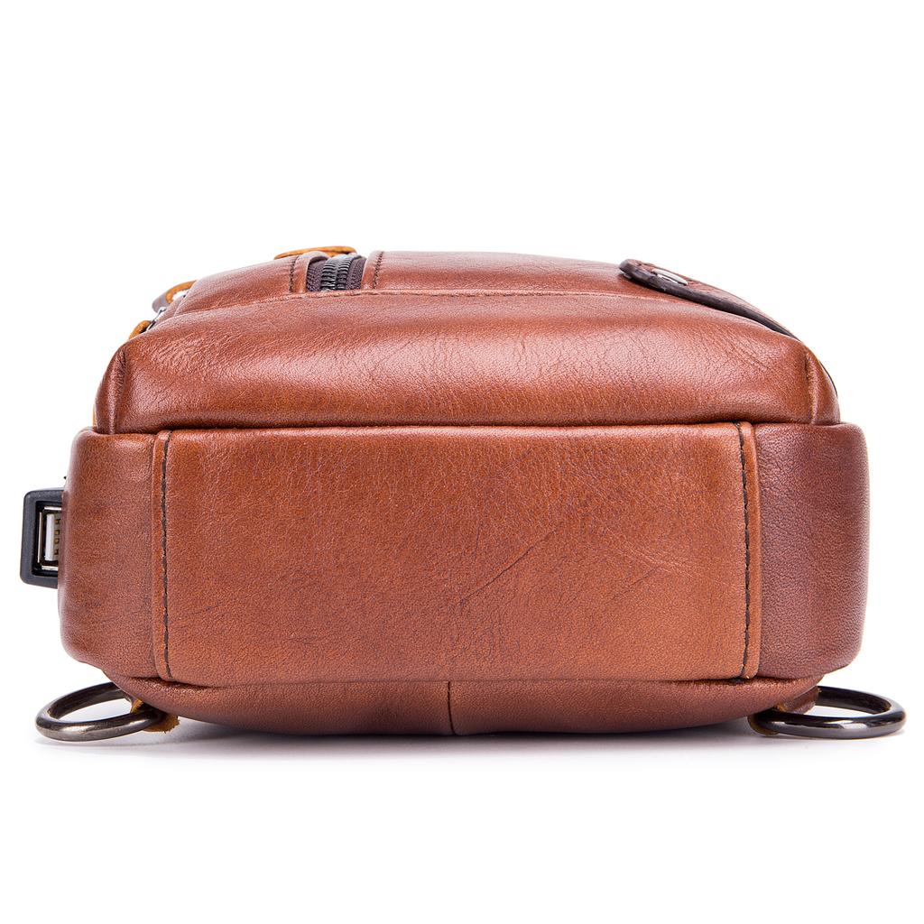 Men Leather Sling Bag Casual Shoulder Chest Crossbody Bag Hiking Travel Daypack with USB Charging