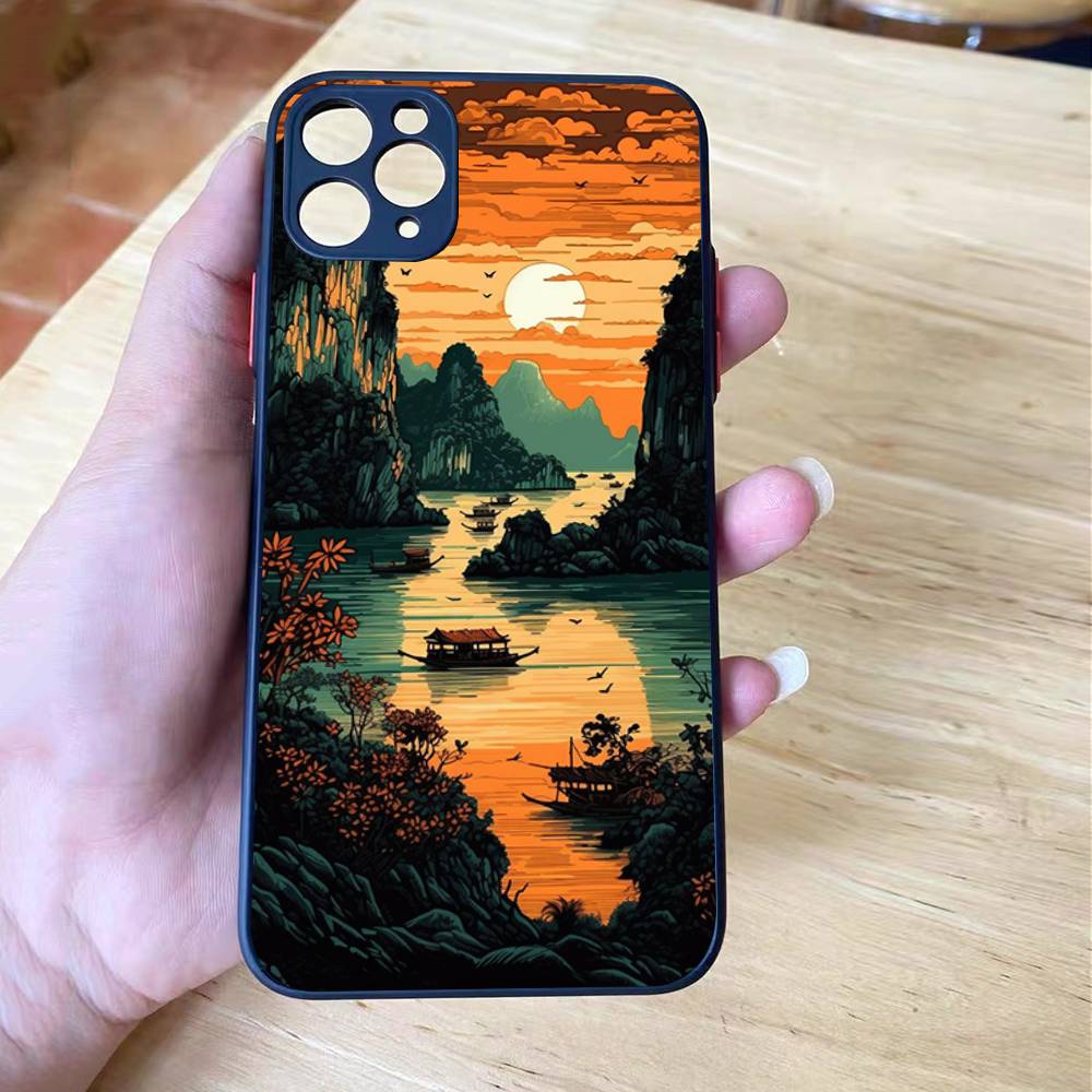 Ударопрочный чехол для iPhone X XR XS 11 12 13 14 15 16 pro Mini MAX с рисунком пейзажа, прозрачный, матовый