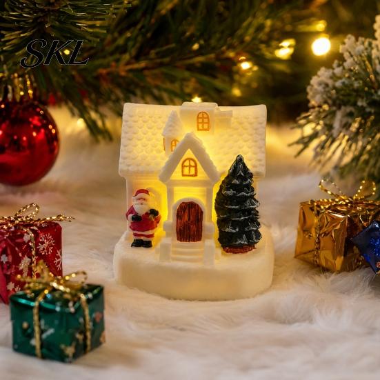 Santa Claus Relief Statue LED Lighted Christmas Village House Statue, Light Up Small Figurines with Xmas Tree Claus, Collectible Tabletop Decoration