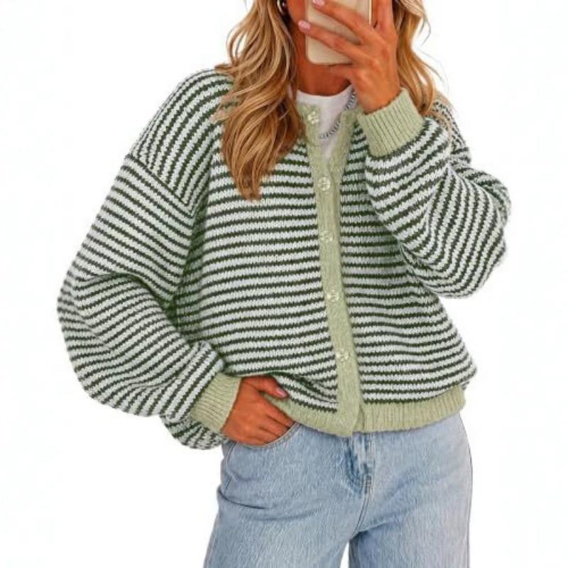 Women S Striped Knit Cardigan Round Neck Casual Sweater Coat