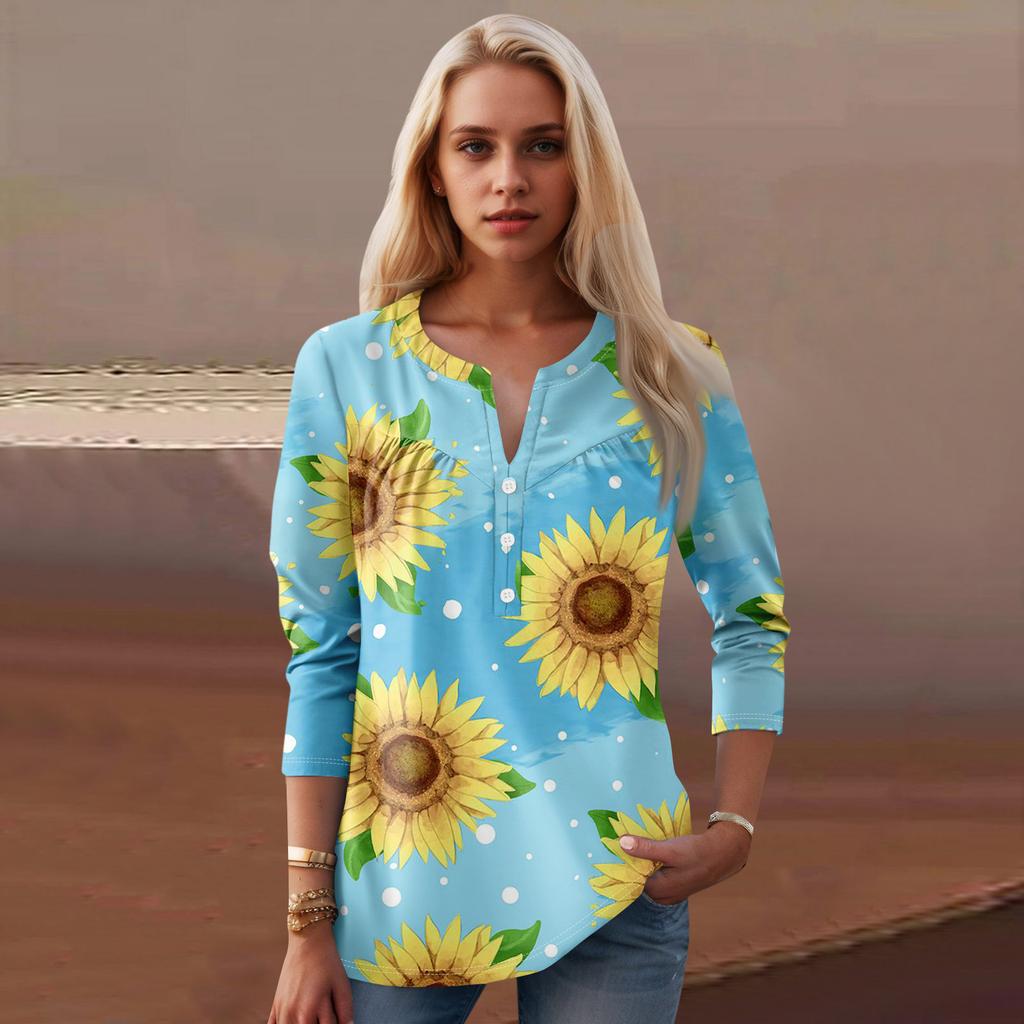 Женская мода повседневный топ с длинным рукавом и круглым вырезом с цветочным принтом