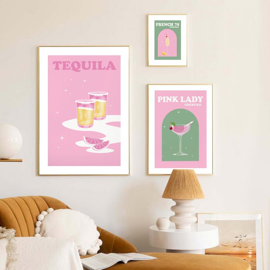 Розовый коктейль Виски Мохито Текила Напитки Плакаты Печать Холст Картина Скандинавские настенные картины Для декора кухни, бара