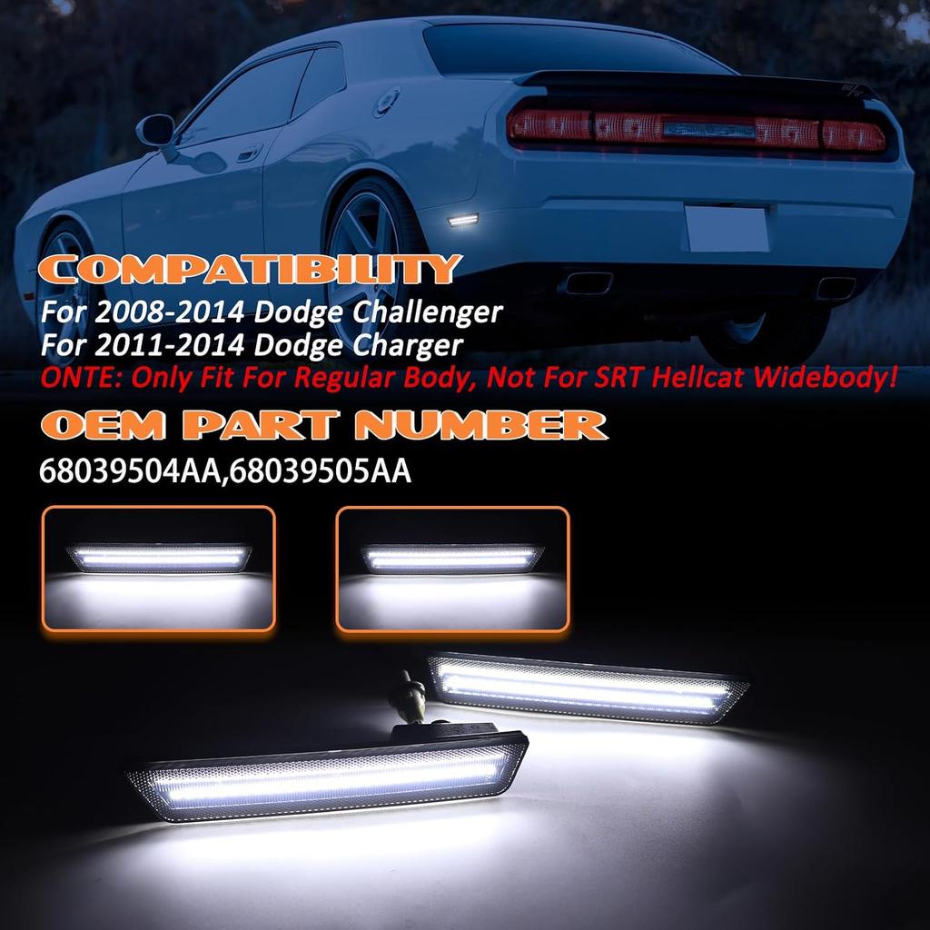 Dynamic Scan White LED Side Marker Lights For 2011-2014 Dodge Charger | 2008-2014 Dodge Challenger, Upgraded Dual Row Sequential Rear Bumper Signal