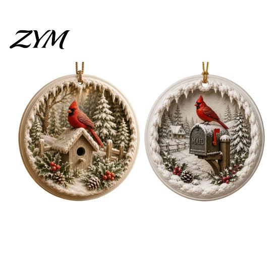 Reusable Winter Window Decor 2 Pcs Red Bird Christmas Ornaments, 2D Round Acrylic Snowy Scene Charming Holiday Tree Accents Xmas Hanging Decoration