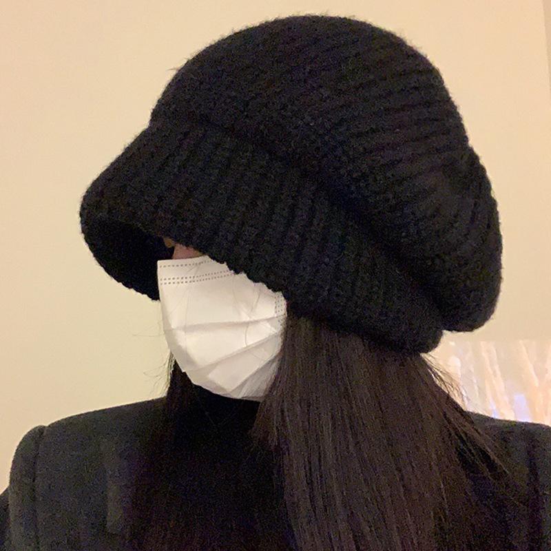 Wool hat women's autumn and winter loose stacking hat versatile big head circumference knitted warm ear protection cold hat shows small face