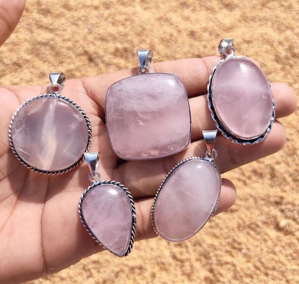 Rose Quartz Gemstone 925 Sterling Silver Plated Handmade 5 PCs Fancy Pendants Jewelry SEN-170