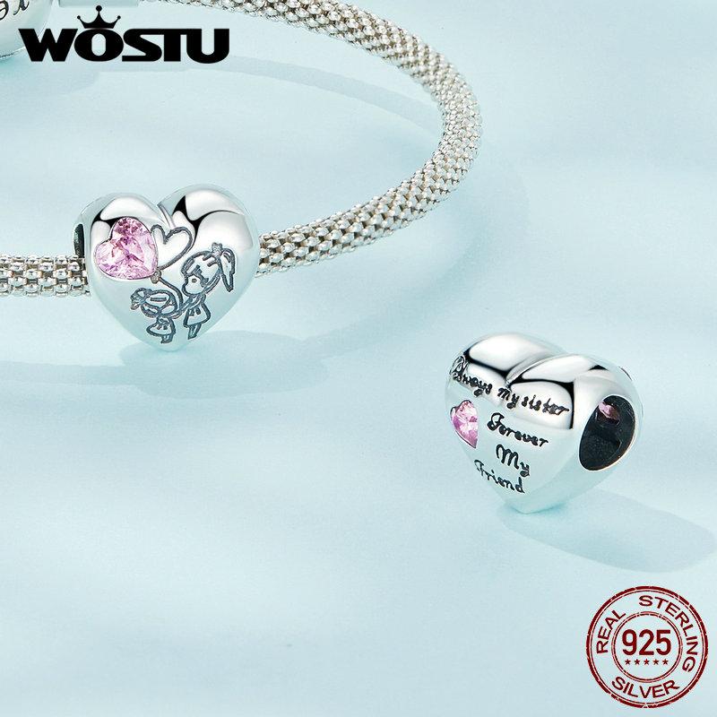 WOSTU 925 Sterling Silver Best Friends Series Pink Pet Paw Heart Charm Infinite Love Beads Fit Original Bracelet DIY Necklace