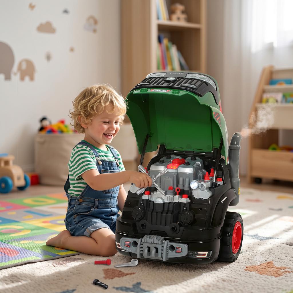 Kids Truck Engine Toy, Toy Steering Wheel with Spray, Lights and Sounds, Educational Gifts for 3-6 Years, Green