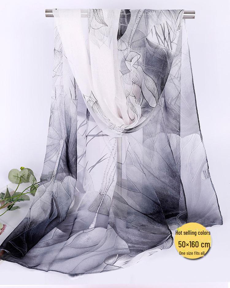Lotus Georgette Silk Scarf: Medium-Length Printed Summer Shawl for Sun Protection and Dance, All-Match Mother Style.
