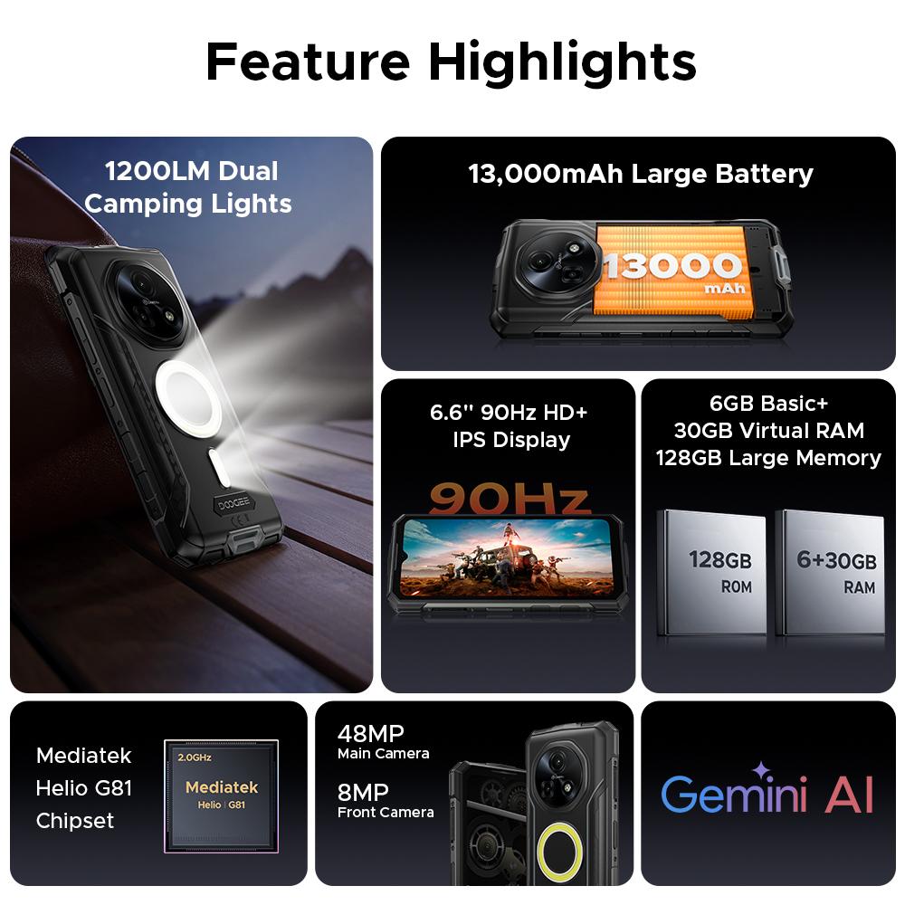 Doogee Защищенный смартфон Fire 5 Ultra 4G 1200 лм Двойной фонарь для кемпинга 13000 мАч 18 Вт 36 ГБ+128 ГБ 6,6" HD+ 90 Гц
