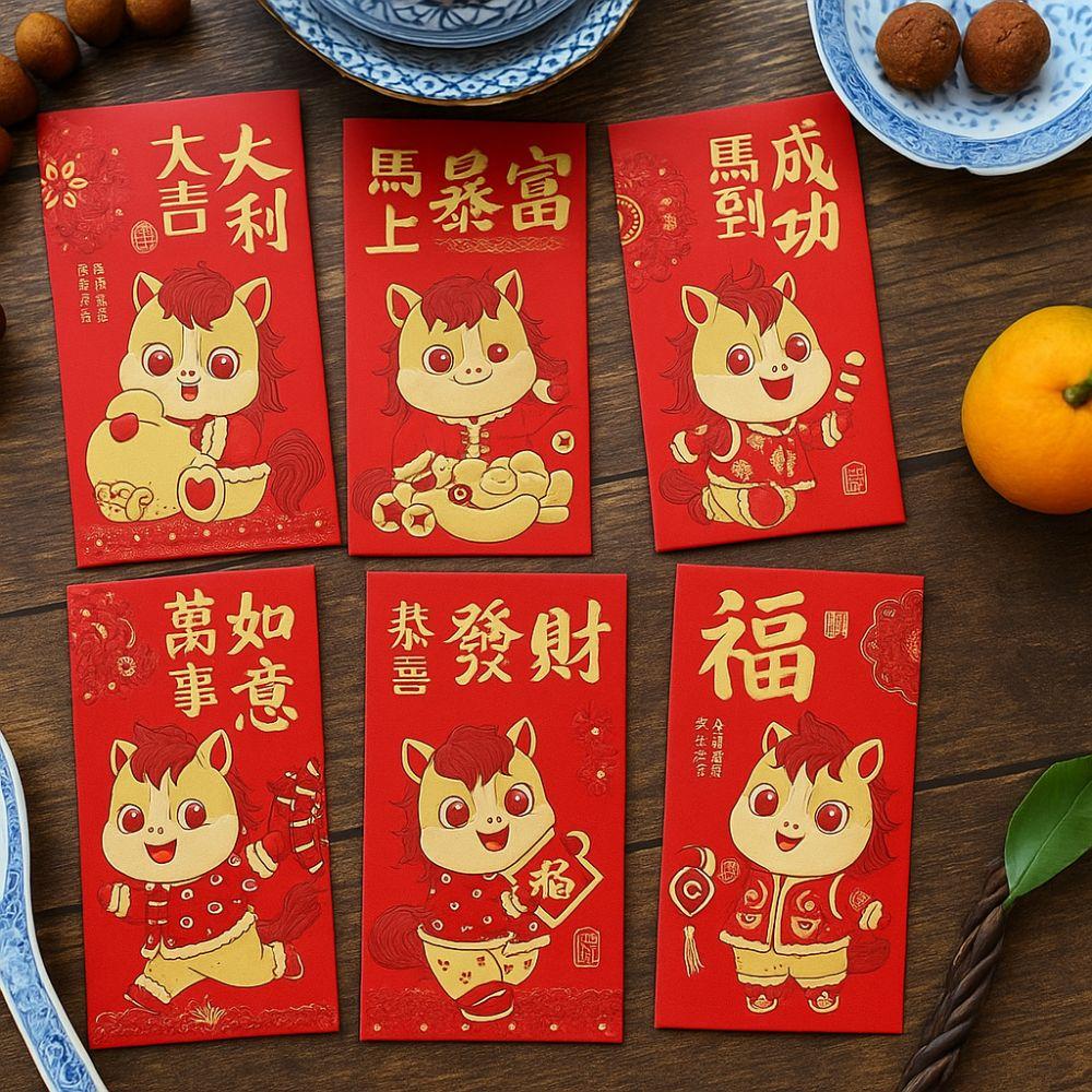 6pcs Paper 2026 New Year Red Envelope Blessing Lucky Red Pocket Money Packets Spring Festival