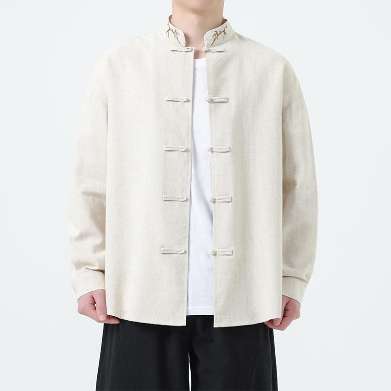 Мужская рубашка в китайском стиле с бамбуковой вышивкой, осень 2025, мужская рубашка с длинным рукавом, свободная, ленивая, белая, мужские топы из хлопка и льна в стиле ханьфу