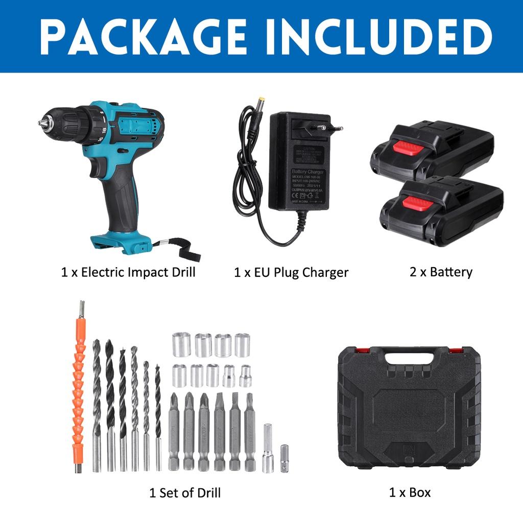 21V Cordless Electric Impact Drill Screwdriver 3 Functions Power Tools Lithium Battery Hand Drill with Box + Drill Bit Set