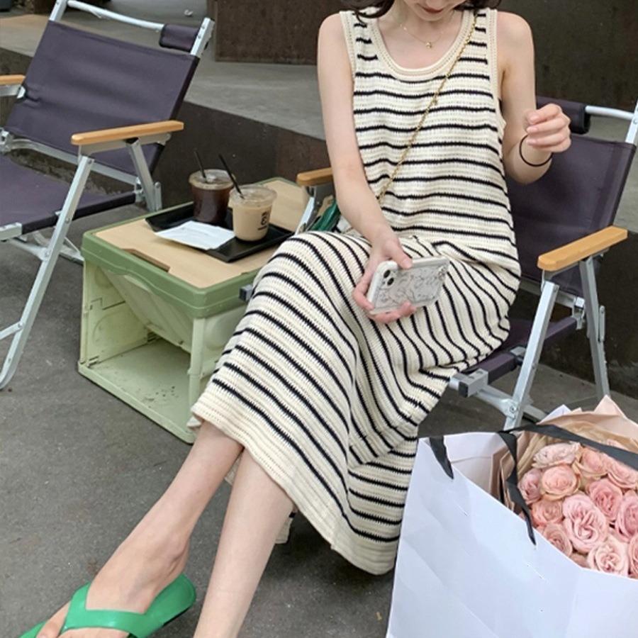 Summer French loose lazy style thin long temperament sleeveless vest skirt hollow striped knitted dress women