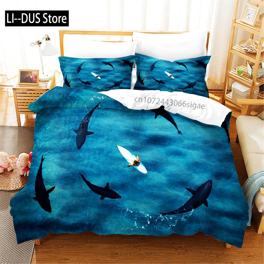 3D Blue Ocean Sharks Duvet Cover With Pillow Cover Bedding Set Single Double Twin Full Queen King Size Bed Set For Bedroom Decor