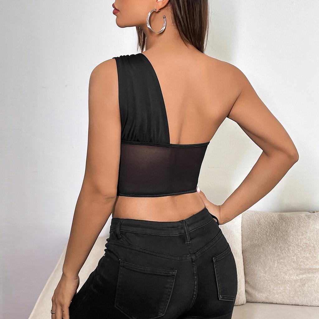 Women's Dress Hot Girl Oblique Shoulder Stitching Drill Breast Wrap Steel Ring Fishbone Waist Perspective Diamond Vest