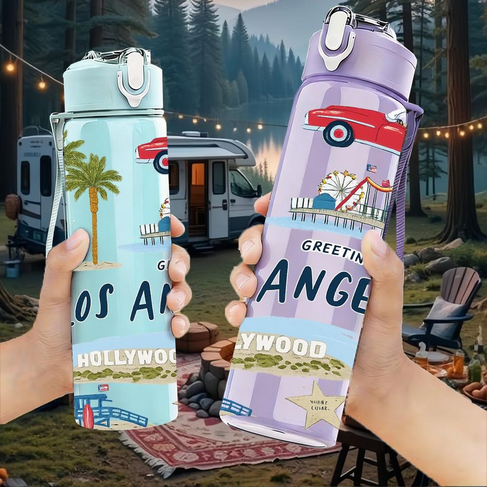 1PC Los Angeles Palm Car Retro Print 750ml Color Plastic Sports Water Bottle Leakproof Flip Straw Lid Suitable for Sports Office Home Use