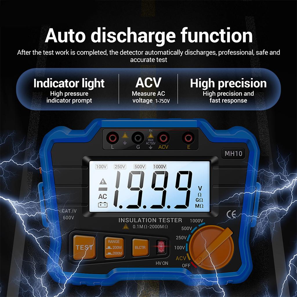 Insulation Resistance Tester 100V 250V 500V 1000V Resistance Tester with LCD Backlight Digital Display Screen