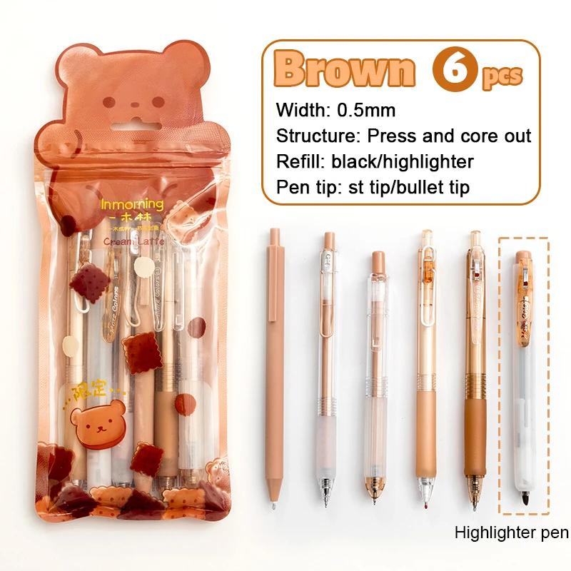 Набор из 6 гелевых ручек и ручек-маркеров, выдвижные, черные чернила, шариковая ручка 0,5 мм, школьные, студенческие, офисные канцелярские принадлежности