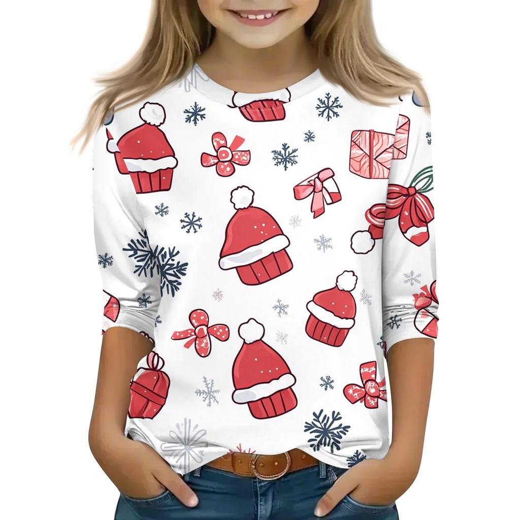Рождественские топы с принтом для девочек-подростков 5-16 лет, футболки с круглым вырезом и рукавами 3/4, модные топы, нарядные футболки