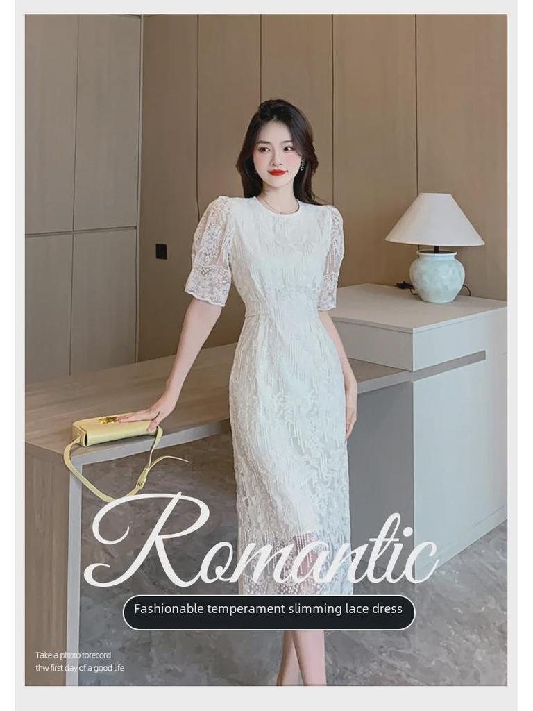Элегантное женское кружевное платье лета 2024 года с рукавами-фонариками и юбкой средней длины