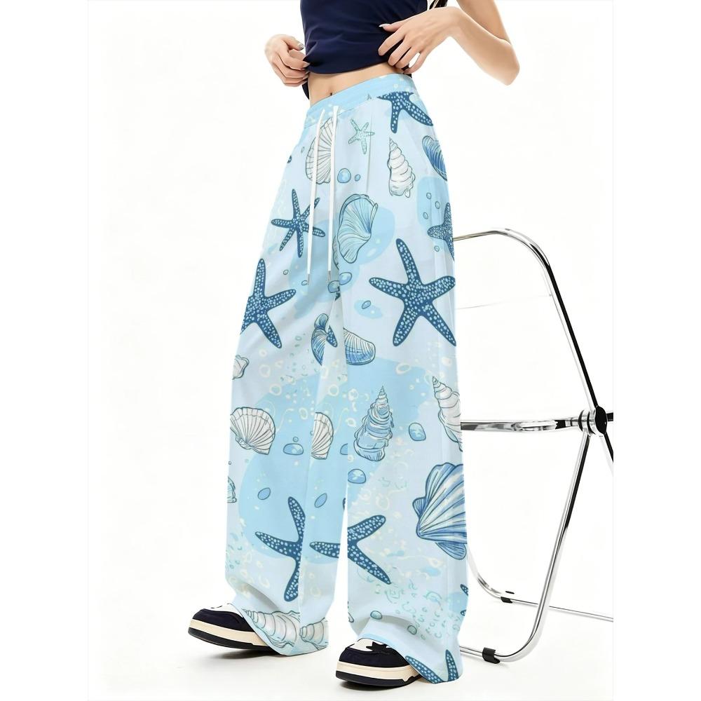 Women's Light Blue High Waist Wide Leg Beach Pants - Elastic Drawstring Belt & Fit Island Vacation Print