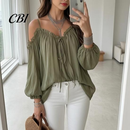Comfortable Loose Cut Tops Women Tops, Fit Puff Long Sleeve Shirt, Sling Off Shoulder Pullover Lightweight Casual Shirt Pure Color Blouse for