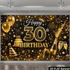 A black and gold themed background wall for a 30th birthday, made of polyester fiber material, featuring shiny golden nu